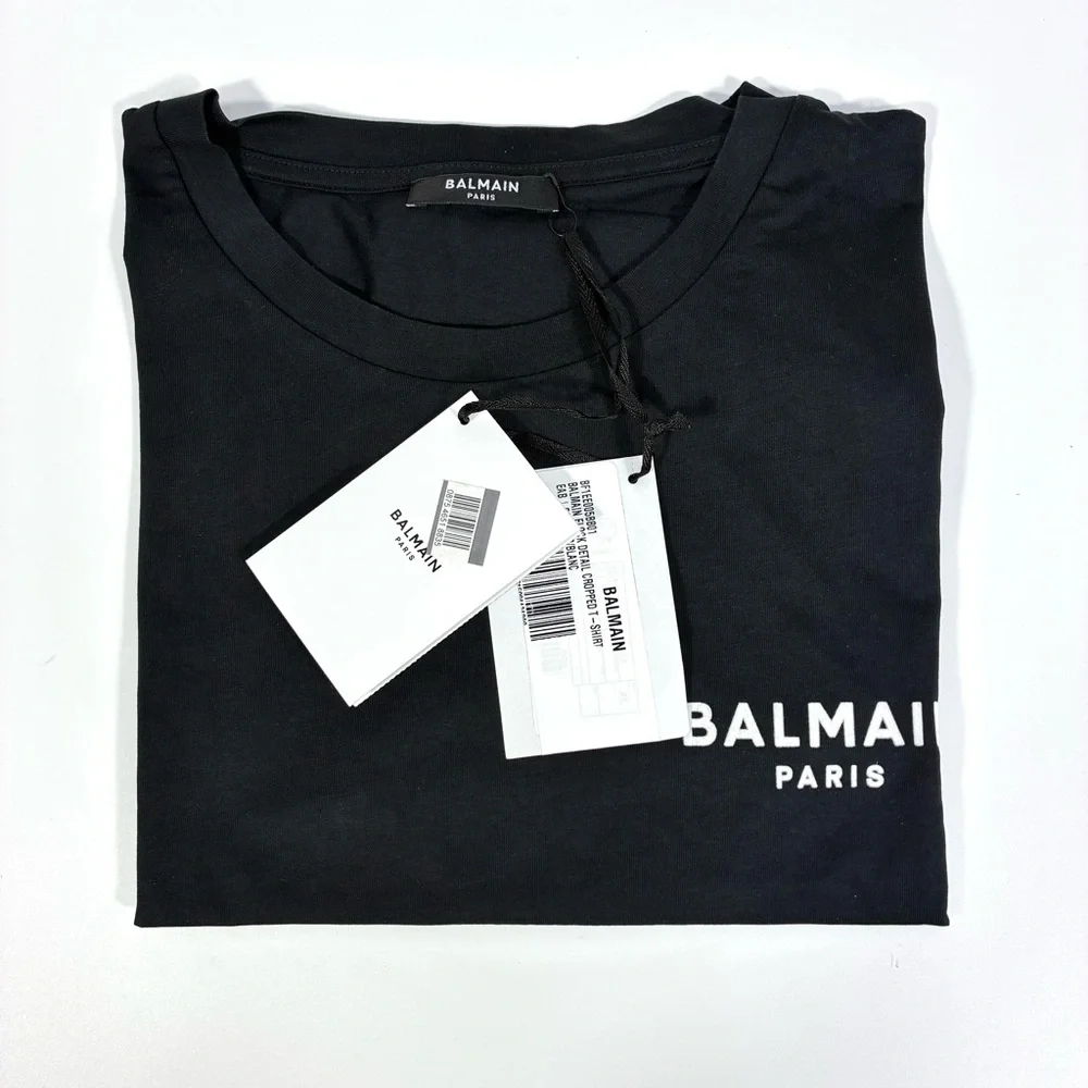 Balmain Cropped Eco-Designed Cotton T-Shirt Tee Flocked Logo Black XL NWT - Picture 9 of 14